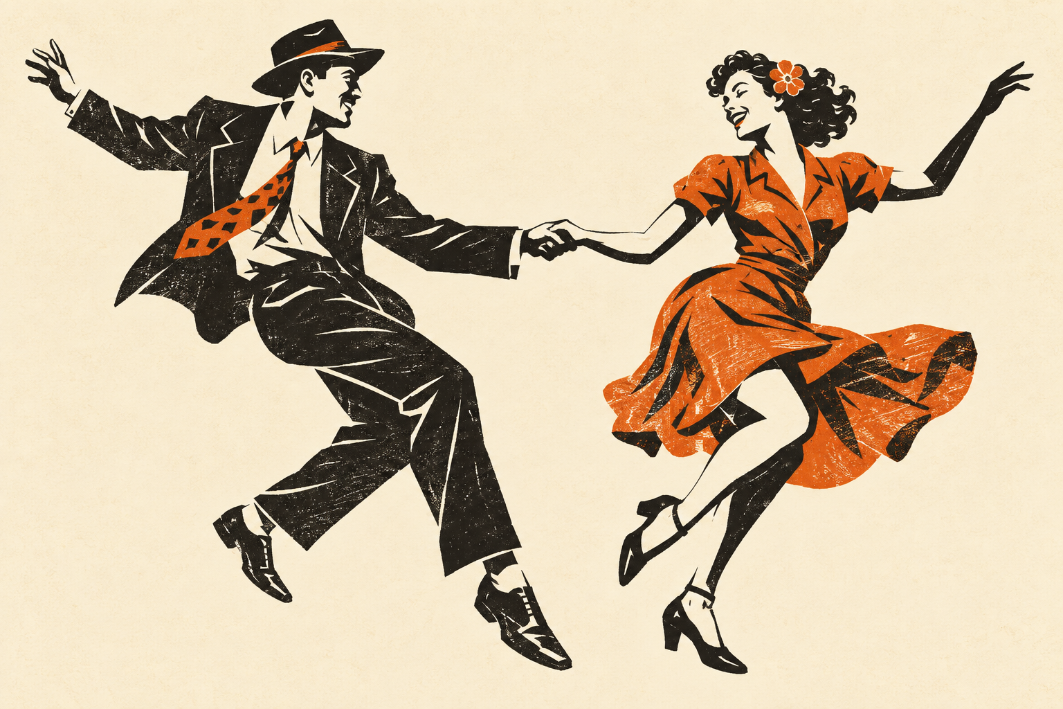 スウィングダンスを踊る二人のヴィンテージ風イラスト